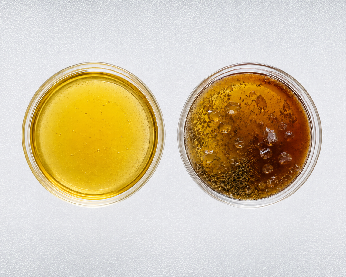 Two glass cups with yellow and brown liquids on a white background
