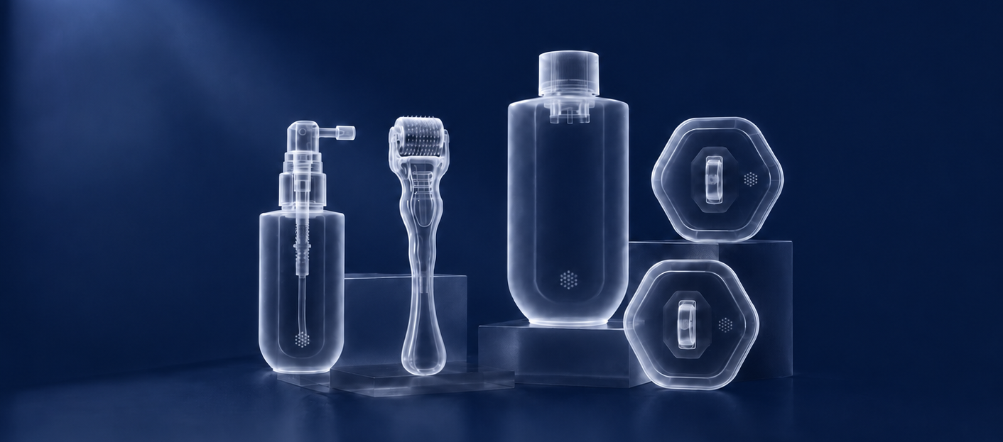 Set of transparent skincare bottles on a dark background with blue lighting