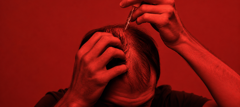 Person with a red filter applying a substance to their scalp against a red background