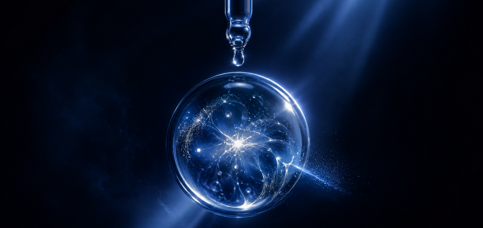 Blue liquid droplet dripping into a glowing sphere with rays of light on a dark background